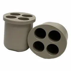 This centrifuge rotor riser accommodates 50 mL conical tubes within compatible HERMLE rotors. It includes rotor adapters to maintain tube alignment during centrifugation. Suitable for laboratory sample processing requiring secure tube placement in the rotor assembly.
