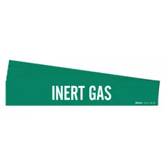 Green adhesive pipe marker with white legend reading 'Inert Gas'. Designed for pipes with outer diameter of 8 inches and larger. Pack of 5 markers, each without directional arrows. Used for identifying inert gas lines in piping systems.