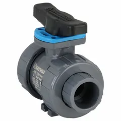 This manual two-way ball valve features a 1-inch straight PVC body with a vented-ball design that relieves internal pressure when closed. The locking tee handle provides secure position control. Rated for 250 psi CWP, it is used in industrial piping systems for isolating or controlling flow of corrosive fluids.