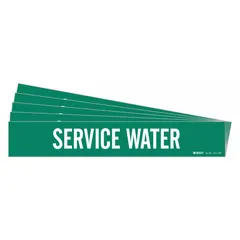 Green adhesive pipe marker with white 'Service Water' legend, designed for pipes with outside diameter of 8 inches and larger. Each pack contains 5 markers without directional arrows. Used to identify service water lines in industrial piping systems.