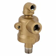 This DUFF-NORTON rotating joint is an elbow-type, plain cast iron union with two passages and a threaded rotating shaft. Designed for gases and oils, it features a carbon graphite seal and supports a maximum speed of 600 rpm. Commonly used in industrial machinery to transfer fluids or gases between stationary and rotating equipment.
