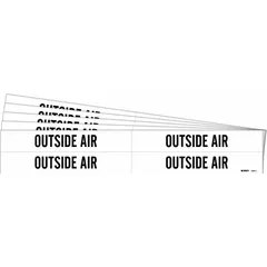 White adhesive pipe markers with black 'Outside Air' legend, designed for pipes with outer diameters from 3/4 to 2-3/8 inches. Each pack contains 4 markers without arrows, supplied in a 5-pack configuration. Used to identify HVAC or ventilation pipes carrying outside air in industrial and commercial facilities.