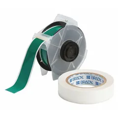 Green gloss polyester floor marking tape with rubber adhesive, measuring 1 1/8 in x 100 ft. Compatible with GlobalMark printer series and requires ribbon 76741. Used for creating visible floor markings in industrial facilities.