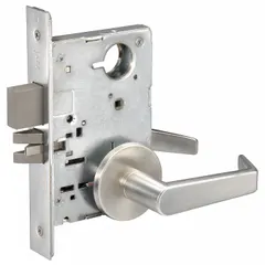 This privacy lever lockset is designed for interior doors such as bathrooms or bedrooms, featuring an ANSI F19 function that allows locking from inside with a push-button or turn while the outside remains unlocked for emergency access. It has a Satin Chromium-Plated finish and Augusta style. This lockset is non-ADA compliant, not ligature-resistant, and has no visual indicator.