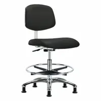 This armless cleanroom task chair is constructed with vinyl and features an aluminum base. It includes foot support and has a height range of 21 1/2 in to 29 in, with a seat width of 18 1/2 in and seat depth of 17 in. Suitable for ISO 4 controlled environments where particle control is required. Not ESD safe