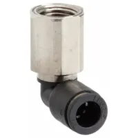 Nylon body with nickel-plated brass threads. Push-to-connect x FNPT elbow configuration. Accepts 1/4 in OD tubing with 1/8 in thread size. Suitable for pneumatic systems requiring a 90-degree turn without tools