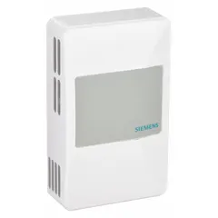 Wall-mount room temperature sensor in a plastic conduit-box housing with no display. Measures ambient temperature from 32°F to 122°F with ±0.50°F accuracy. Outputs via integrated Siemens controller over LoRaWAN protocol. Hardwired connection; includes RJ-11 tool.