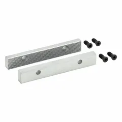Steel screw-in vise jaw caps designed to replace worn or damaged jaws on a vise. Each set includes four screws for secure attachment. Suitable for restoring grip and alignment in general machining, fabrication, and maintenance tasks.