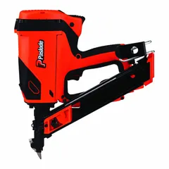 This cordless nailer is designed for metal connector applications such as attaching joist hangers and structural brackets. It features a sequential firing mode for precise placement, a 30° magazine angle for improved access in tight spaces, and uses 9-gauge paper-collated nails. Powered by a 1.2 Ah Li-Ion battery.