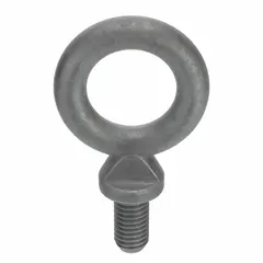 Steel machinery eye bolt with shoulder, galvanized finish. Thread size 3/8"-16, thread length 1 1/4 in. Nut not included. Used for lifting, rigging, and pulling applications where a threaded attachment point with a flat bearing surface is required for load alignment.