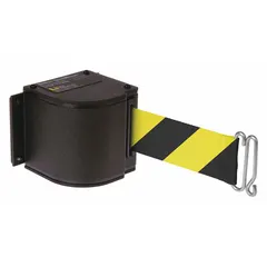 Rack-mount retractable belt barrier with 18 ft black/yellow belt and black frame. Pattern belt with no legend. Used for pedestrian traffic management and cordoning off areas in warehouses, factories, and logistics centers.