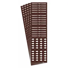 Brown adhesive pipe marker with white legend text reading 'Condensate Pump Discharge'. Fits pipe outer diameter of 3/4 inch and smaller. Includes directional arrows for flow indication. Supplied in a pack of 5.