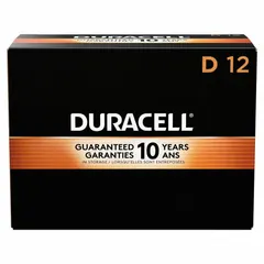D-size alkaline battery delivering 1.5V DC in a 12-pack. CopperTop technology provides consistent power for high-drain devices such as industrial flashlights, portable radios, and test instruments.