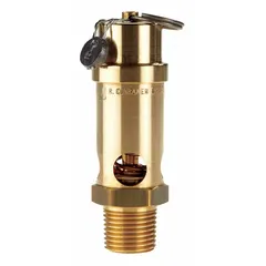 This CONRADER soft seat safety valve features a brass body and silicone seat for tight sealing. It has a 1/2 in male NPT inlet and a 1/2 in female NPT outlet. Used in pneumatic systems to relieve overpressure, it is suitable for air, gas, and low-pressure steam applications where minimal leakage is required.