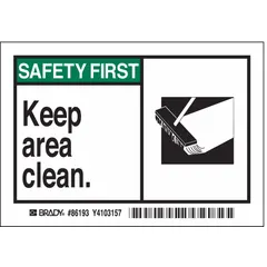 Polyester adhesive sign mounting labels, 3 1/2 in x 5 in nominal size, 0.01 in thick, supplied in a 5-pack. Suitable for indoor industrial environments to promote workplace cleanliness and safety. Not retroreflective, does not glow in the dark, and has no anti-slip surface.