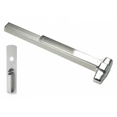 This concealed vertical rod exit device is constructed of aluminum and features a touchbar style for push-pad operation. Designed for doors up to 4 ft wide, it includes a thumbpiece pull outside trim and is ADA compliant. Suitable for use in commercial buildings requiring secure egress.