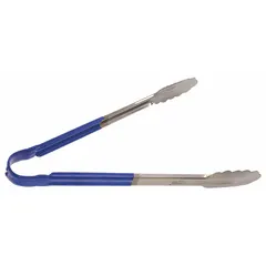 Stainless steel tongs with scalloped blade, 12 in overall length, blue color, uncoated handle. NSF Certified. Suitable for food service handling, serving, and turning tasks.