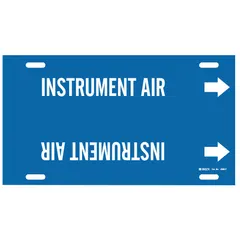 Strap-on pipe marker for identifying instrument air lines in industrial piping systems. Blue background with white legend and directional arrows. Fits pipe outer diameters from 6 to 7-7/8 inches. Includes one marker.