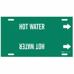 Green pipe marker with white legend reading 'Hot Water' and directional arrows. Fits pipe outer diameters of 8 to 9-7/8 inches. Supplied as a single marker for identifying hot water lines in piping systems.