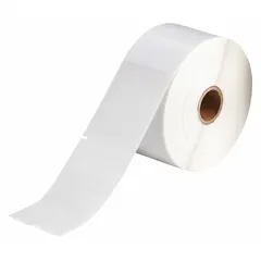 White matte vinyl precut label roll for wire and cable identification. Measures 3 3/4 in x 2 in, designed for 1 AWG to 0 AWG wire gauge. Compatible with BBP12 printer series; requires R4313 ribbon. Used for permanent labeling in electrical installations and control panels.