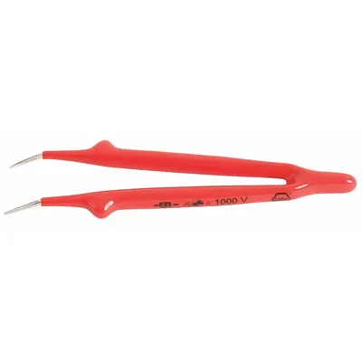 WIHA Insulated Tweezers, Carbon Steel, Point, Bent Tip, Serrated Grip, 75302