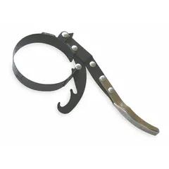 This oil filter wrench features a spring steel strap with a 1-inch width for gripping and turning oil filters. The alloy steel construction provides strength for manual removal in vehicle and equipment maintenance tasks.