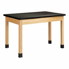 Fixed-height lab table with a laminate countertop in black with an oak wood finish. Overall height 30 inches, overall length 4 feet. Suitable for laboratory work, testing, and assembly tasks in educational and industrial settings.