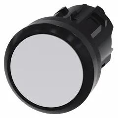 Momentary-action flush push-button operator from the Siemens 3SU series. Features a 22 mm mounting size and non-metallic push button material. Suitable for use in industrial control panels, machinery, and automation systems for start/stop or reset functions.
