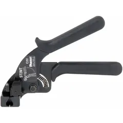 Fixed-tension tool designed for tensioning and cutting stainless steel cable ties with tensile strengths from 200 to 800 lb. Accommodates tie widths from 0.18 in to 0.25 in. Features metal construction with a cushion grip and requires no adjustment during operation. Suitable for industrial and harsh-environment installations requiring metal ties for secure bundling and support.