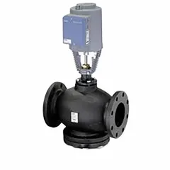 This 3-way globe valve features a cast iron body with bronze seat and a 4-inch flanged connection. It has a CV flow rating of 160 and includes an actuator. The Tee-pattern design is suited for mixing or diverting flow in hydronic heating and cooling systems.