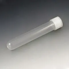 Polypropylene test tube with a round bottom and colorless body. Includes a closure for secure containment. 12 mL capacity (0.4 oz). Suitable for general laboratory sample collection, mixing, and storage.