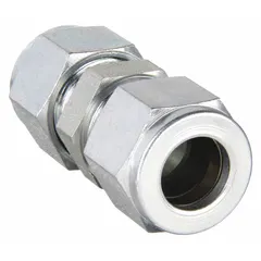 Steel double-ferrule compression fitting union for connecting two tubes of 1/2 in outer diameter. Thread size is 3/4-20. Compatible with Parker A-LOK fitting brands. Used in instrumentation, hydraulic, and pneumatic systems to create leak-tight, vibration-resistant joints.