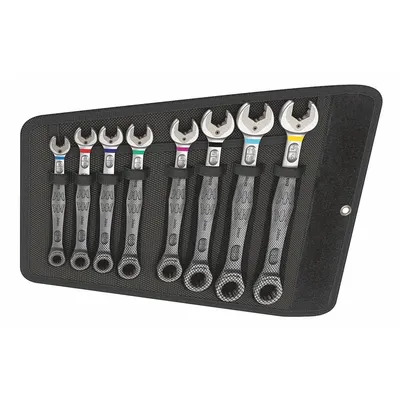 WERA Combination Wrench Set: Alloy Steel, Nickel Chrome, 8 Tools, Std, Reversing - SAE 12-Point Ratcheting Combination Wrench Sets