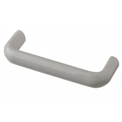 Fixed, non-recessed pull handle with threaded holes for M8 screw mounting. Made of white glossy technopolymer plastic with a 6.26 in grip length and 0.79 in grip thickness. Suitable for use on industrial enclosures, machinery doors, and control panels.