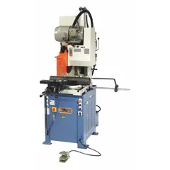 This semi-automatic low speed cold saw uses a 17 in (432 mm) blade to cut metal stock with minimal burr. It operates on 220V AC power and is suited for fabrication, machine, and manufacturing shops cutting ferrous materials.