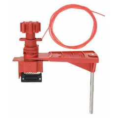 Nylon universal valve lockout with 8 ft cable for securing valves in closed position during maintenance. Used in lockout/tagout procedures for pneumatic, hydraulic, and process valves.