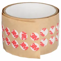 Pre-cut double-sided film tape discs with acrylic adhesive on transparent polyester film backing. Each disc measures 3/4 inch in diameter and 8.3 mil thick. Used for mounting, splicing, and bonding in electronics, medical device assembly, and industrial applications requiring a thin, transparent, and strong adhesive.