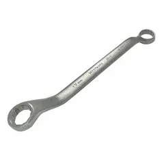 Alloy steel box end wrench with satin finish. Features 12-point, double-end design with 17 mm and 19 mm head sizes and offset configuration. Overall length of 10 inches. Used for tightening or loosening metric fasteners in maintenance and repair tasks.