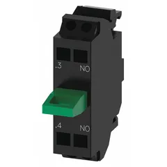 This contact block from the Siemens 3SU1 series features one normally open (1NO) contact with momentary switch action. It uses spring terminals for quick and tool-free wiring. The unit is black and green, designed for 22 mm panel mounting in industrial control applications such as machinery and process equipment.