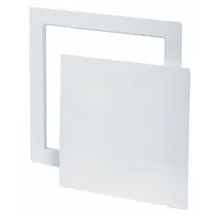 Wall-mounted latching access door with exposed flange, constructed of white ABS plastic. Provides a clean opening for inspecting or servicing equipment behind walls. Suitable for commercial or industrial applications requiring tool-free access.