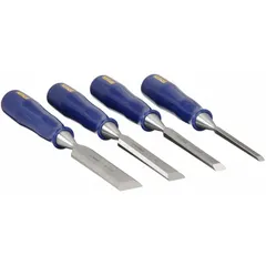 This 4-piece wood chisel set includes blades in widths of 1/4 in, 1/2 in, 3/4 in, and 1 in, with corresponding overall lengths. The plastic handles provide a secure grip for woodworking tasks such as carving, paring, and mortising in cabinetmaking, joinery, and general carpentry.