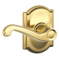 This SCHLAGE passage lever lockset features a Camelot style lever in bright brass with a clear coated finish. It is ADA compliant and designed for interior doors where locking is not required, such as hall or closet doors. The ANSI F75 function allows free egress and is suitable for commercial and institutional applications