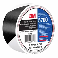 This vinyl floor marking tape features a black/white striped pattern for high-visibility warning. With a thickness of 5.4 mil, it is suitable for marking aisles, hazards, and work zones in industrial facilities. The tape has no message legend and is part of the 5700 series.