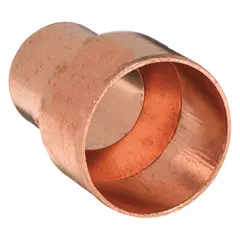 Wrot copper reducer coupling with female threaded ends for joining 3/8 in and 1/8 in CTS copper tubes. Used in sweat/solder connections for plumbing, heating, and cooling systems requiring a permanent, leak-tight joint.