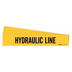 Yellow adhesive pipe marker with black legend reading 'Hydraulic Line', designed for pipes with outer diameter 8 inches and larger. Pack of 5 markers without arrows. Used to identify hydraulic lines in industrial piping systems.
