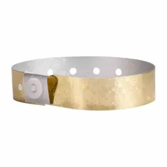 Yellow plastic security wristband with no legend, supplied in packs of 500. Each wristband measures 10 inches in overall length and 5/8 inch in overall width. Suitable for temporary identification and access control in events, healthcare, and industrial settings.
