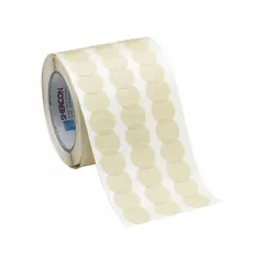 Off-white pre-cut masking discs with 3/8 in diameter, made from crepe paper and coated with an acrylic adhesive. Designed for paint surfaces, these discs provide reliable masking in high-temperature industrial finishing applications.