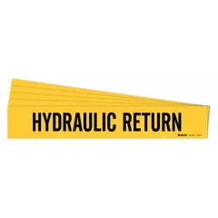 Yellow adhesive pipe marker with black legend reading 'Hydraulic Return' for identifying hydraulic return lines. Fits pipe outer diameters from 2-1/2 to 7-7/8 inches. Sold in a 5-pack with one marker per pack. No directional arrows included.