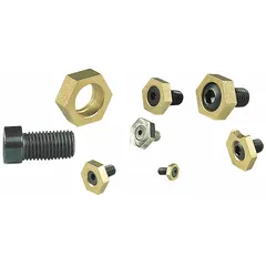 This hex-edge fixture clamp is made of stainless steel with a smooth face to prevent marring of workpieces. It features a 1/4"-20 bolt size and is supplied in a pack of 4. Used in machining operations such as milling, drilling, and grinding for secure workholding.