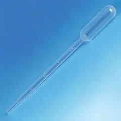 Sterile transfer pipette made of clear plastic, with a 5 mL capacity. Suitable for liquid handling tasks such as sample transfer and reagent dispensing in laboratory environments. Not autoclavable and not individually wrapped. Pack of 400.